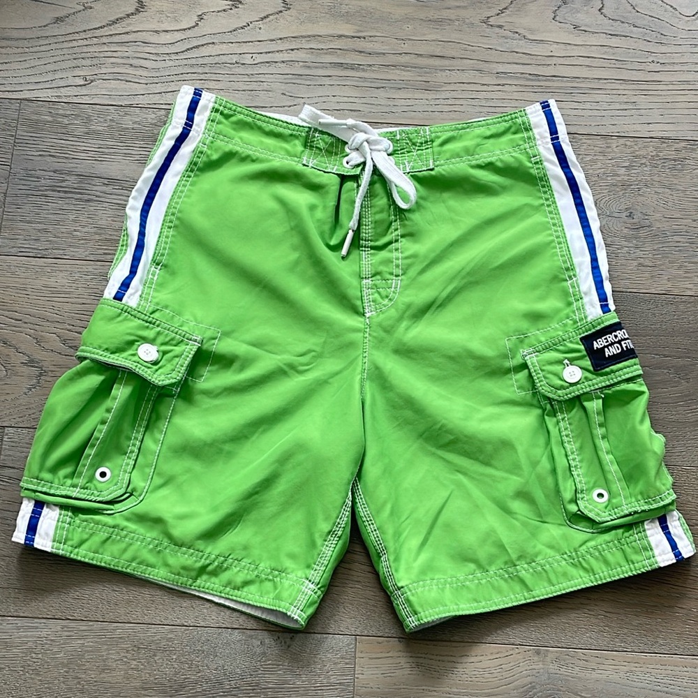Mens Abercrombie & Fitch Cargo Mesh Lined Green w/White Stripes Swim Trunks- L